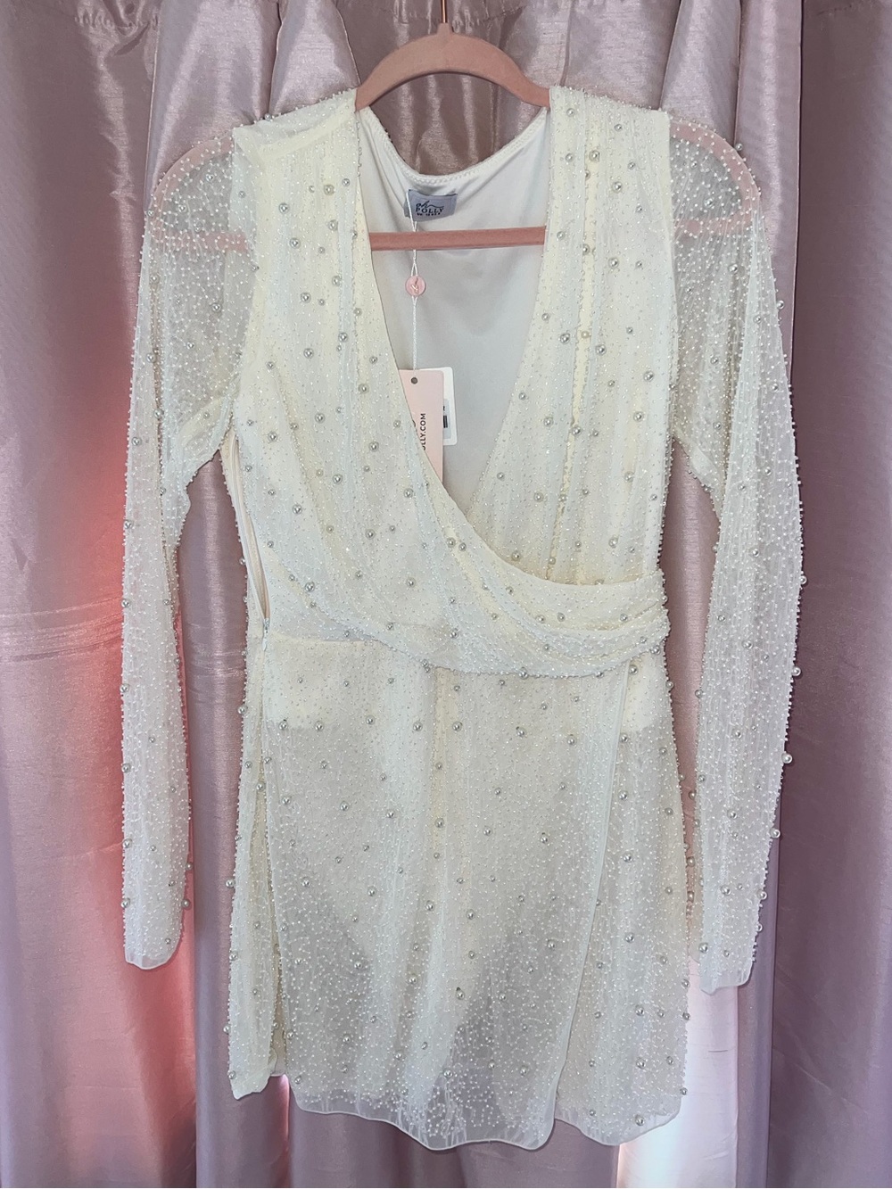 Oh Polly Ivory Beaded Long Sleeve Wrap Mini Dress